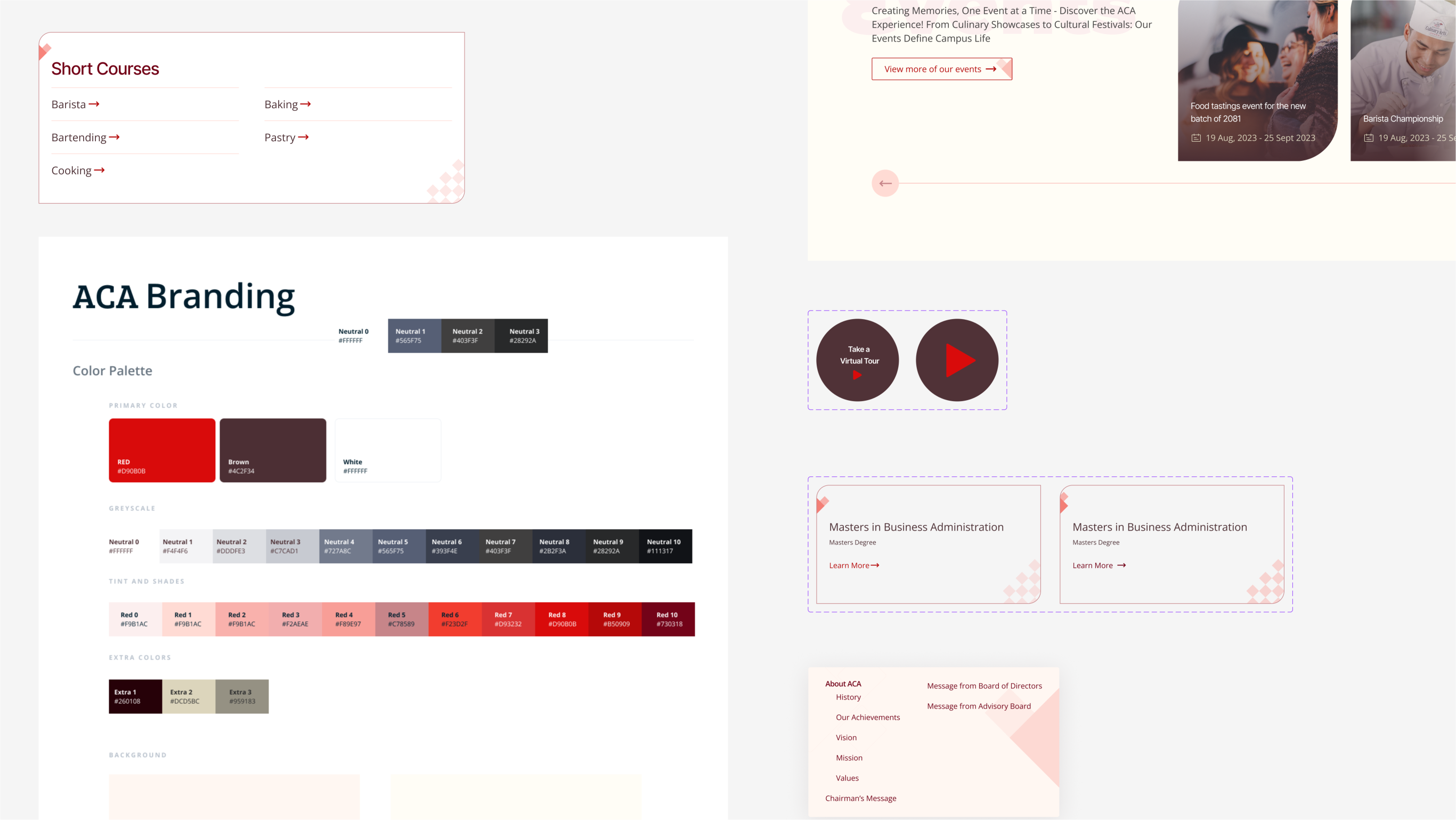 An image showing a glimpse of the design components of Academy of Culinary Arts website