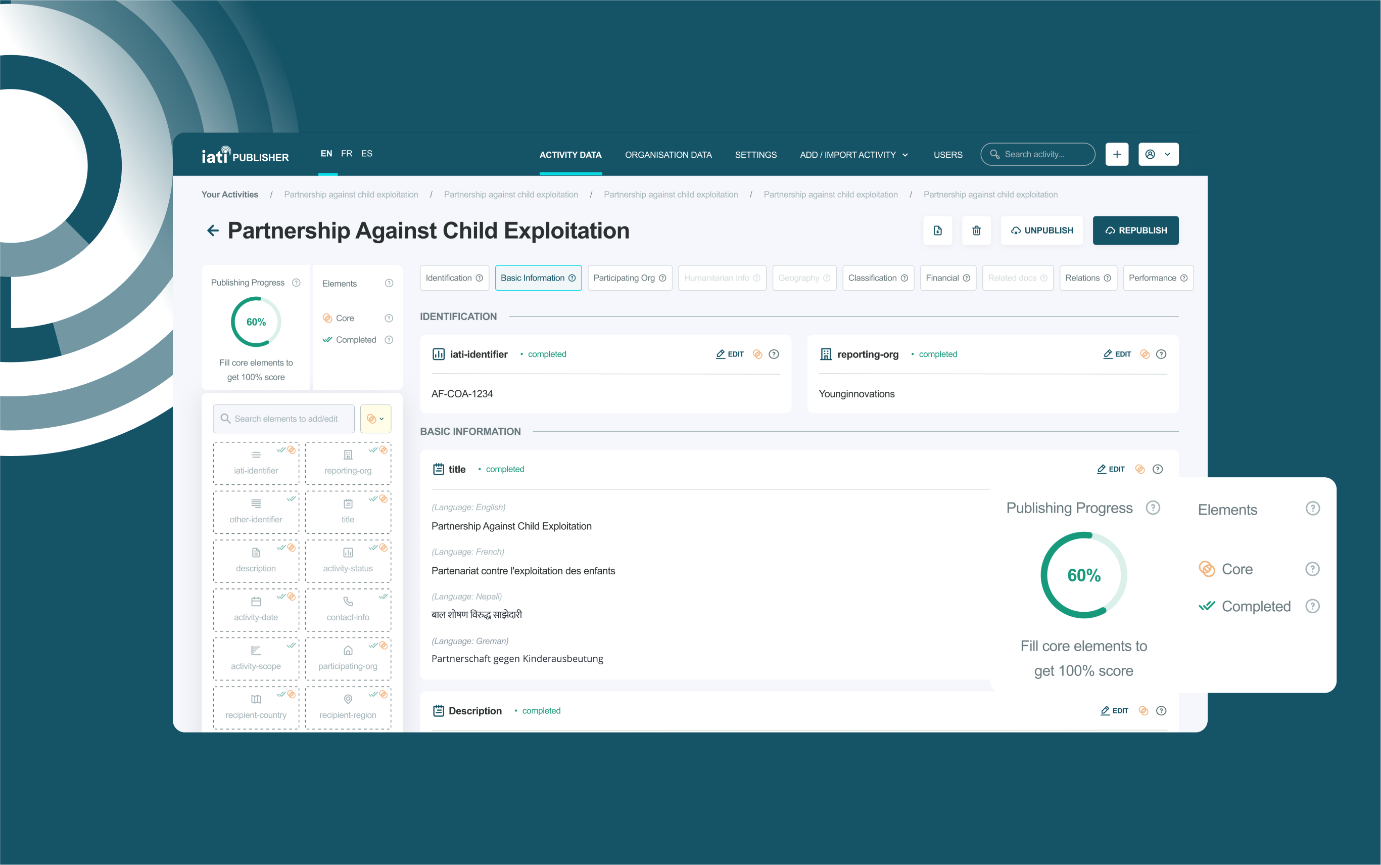 An image with IATI logo and IATI Publisher's UI 