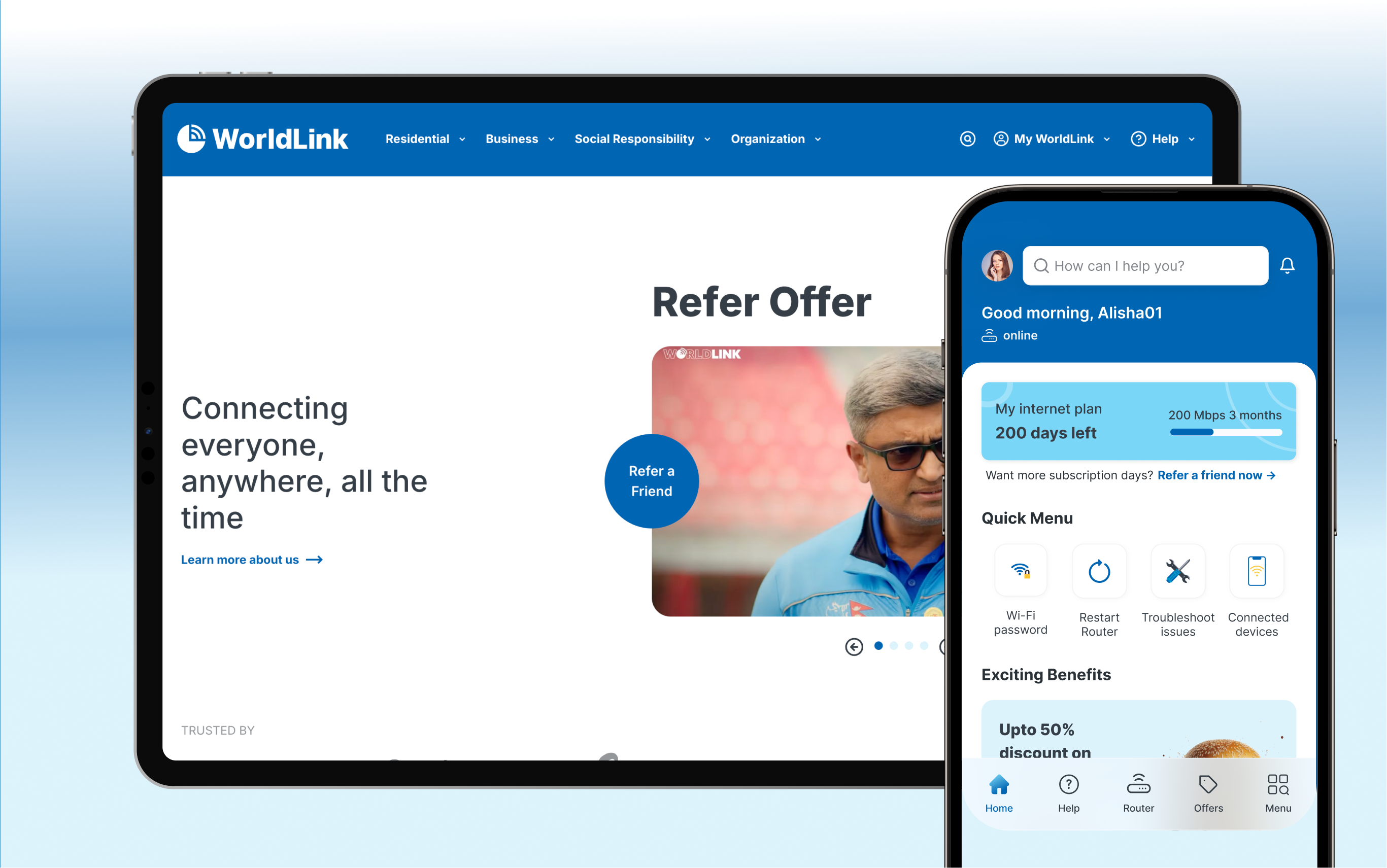 An image showing WorldLink homepage and mobile app user interface